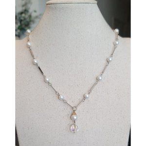 Vintage Pearl Beaded Y Link Silver Necklace